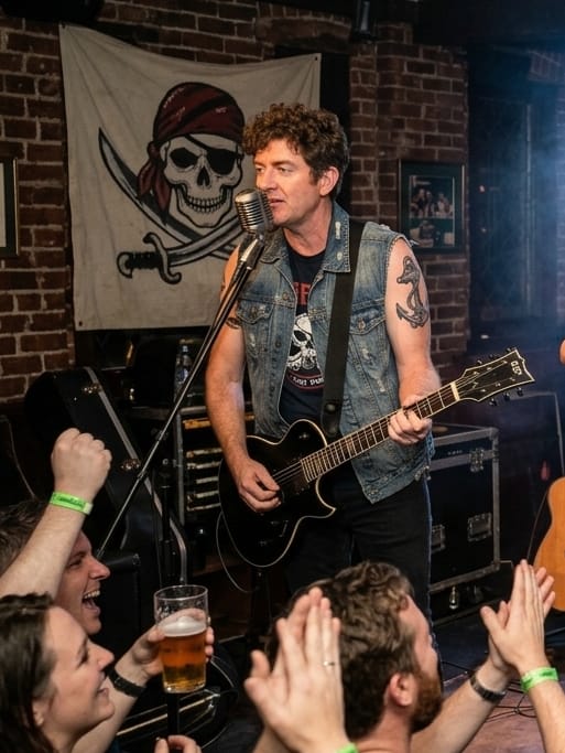 Damian, lead singer and guitarist, at a microphone