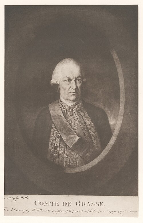 Engraved portrait of Admiral François Joseph Paul, comte de Grasse (1722–1788), French naval commander and victor at the Battle of the Chesapeake