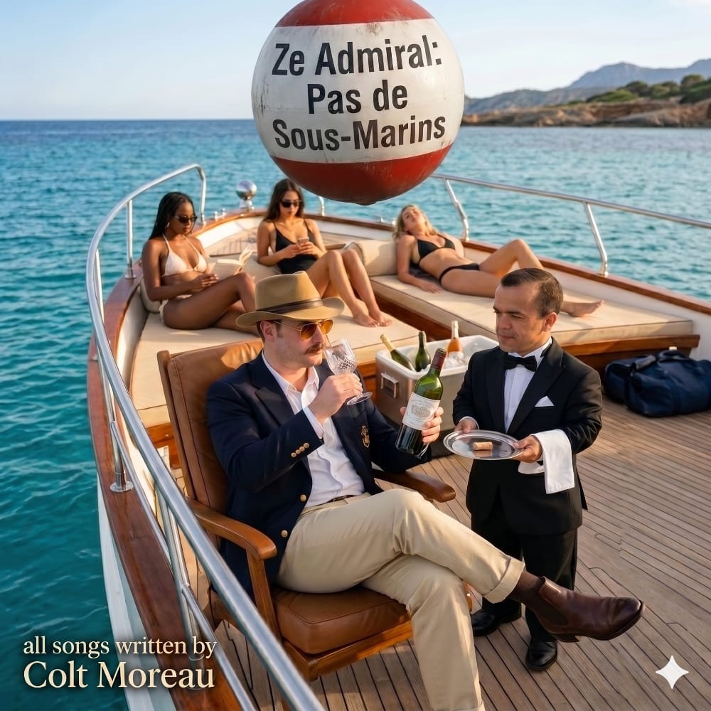 Album cover for Pas de Sous-Marins by Ze Admiral, 1979 — Colt Moreau on a yacht deck being served wine by Petit François